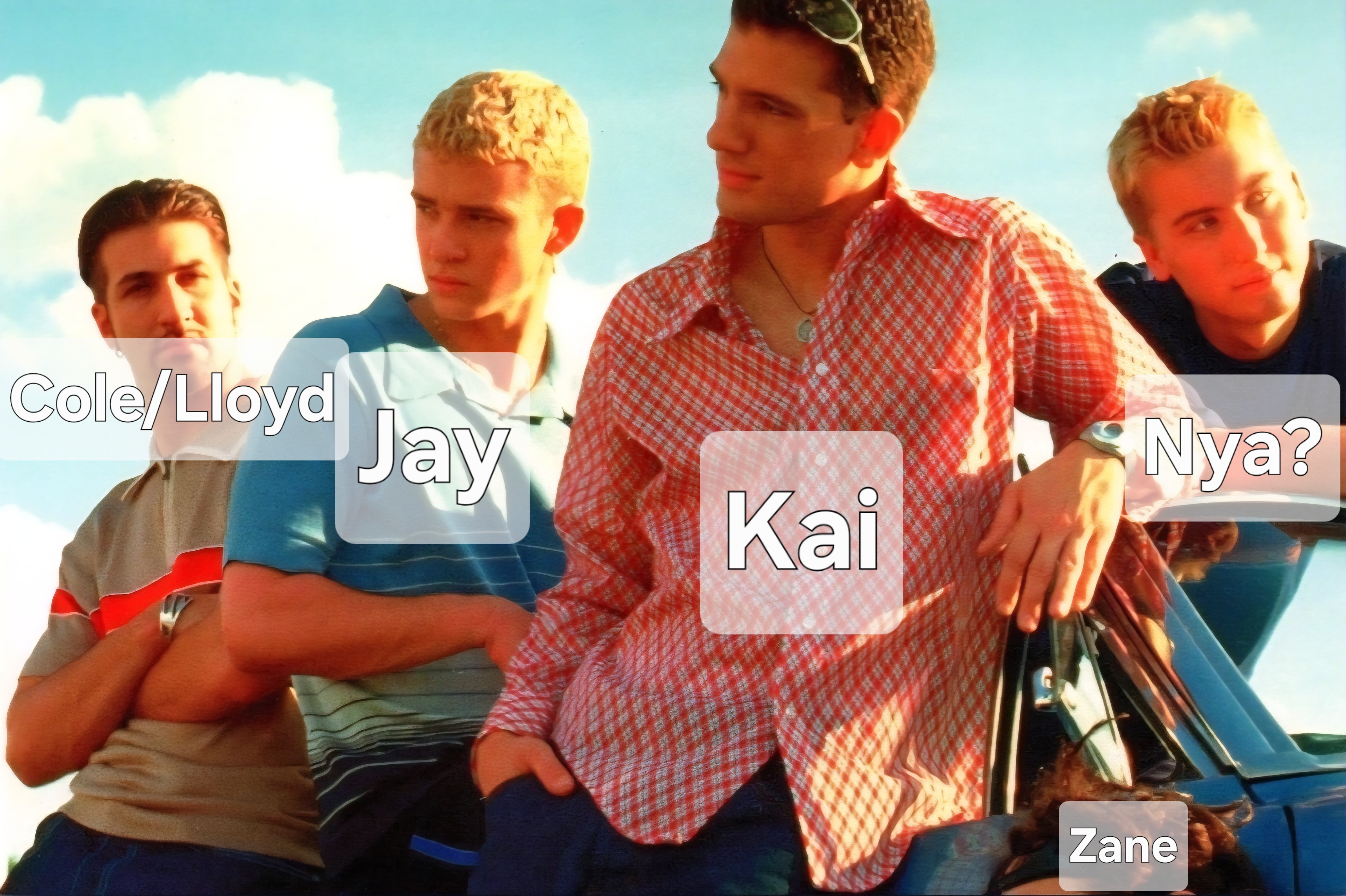 A photo of all six ninja on a car. Kai is in the center, looking to the right. Jay is to his left, also looking in the same direction. His gaze is stronger. Nya is on the far right, looking to the right. Cole is on the far left, looking at the viewer, while Lloyd sits behind all of them, facing away. Only Zane's hair is visible as he sits out of frame at the bottom of the photo.
